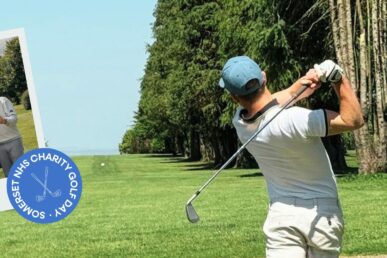 A golfer after hitting the golf ball, and a smaller image of a golf team holding a charity-branded selfie frame